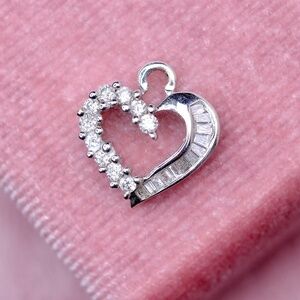 14K Real White Gold Elegant Small Heart Round & Baguette Genuine Diamonds Charm